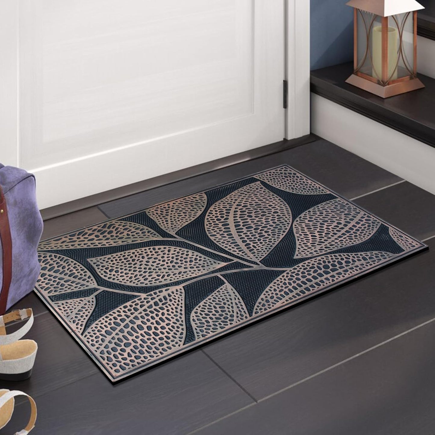 A1HC Copper Leaves Welcome Door Mat 18"x30" Outdoor Rubber Entrance Mat with Non-Slip Backing