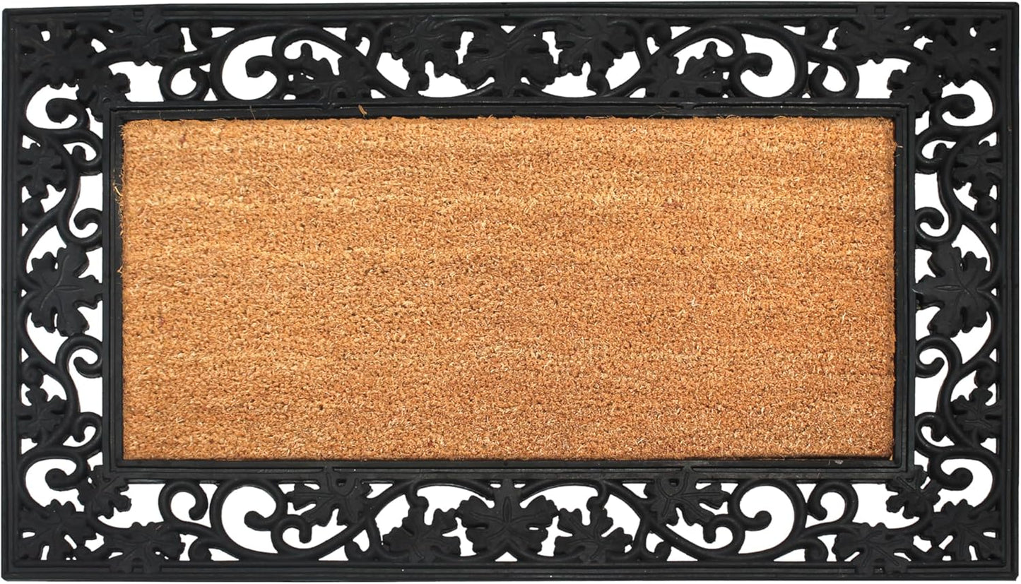 A1HC Natural Coir and Rubber Black Floral Border 18"x30" Long Lasting Front Door Entry Doormat