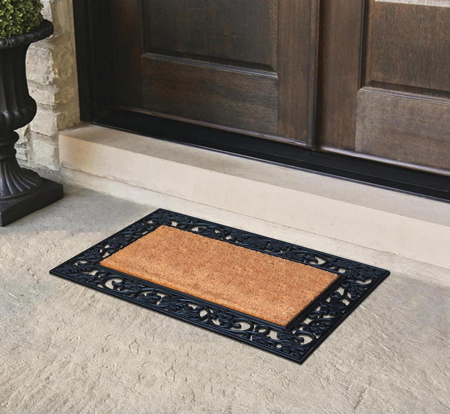A1HC Natural Coir and Rubber Black Floral Border 18"x30" Long Lasting Front Door Entry Doormat