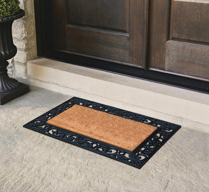 A1HC Natural Coir and Rubber Black Floral Border 18"x30" Long Lasting Front Door Entry Doormat