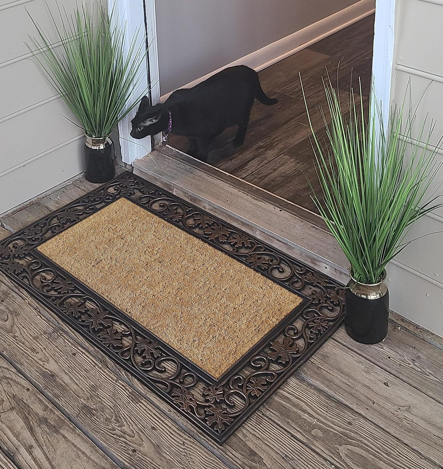 A1HC Natural Coir and Rubber Black Floral Border 18"x30" Long Lasting Front Door Entry Doormat