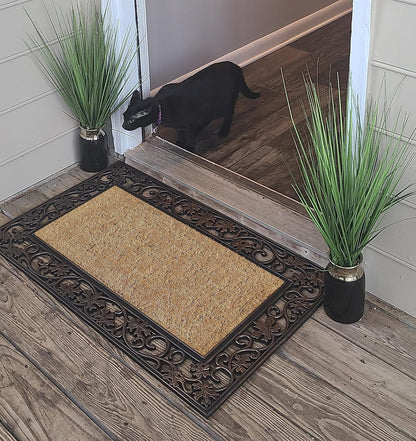 A1HC Natural Coir and Rubber Black Floral Border 18"x30" Long Lasting Front Door Entry Doormat
