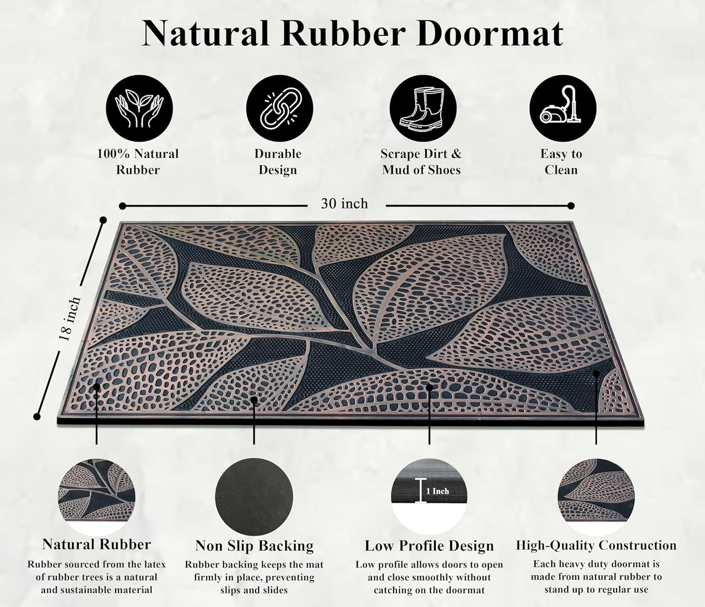 A1HC Copper Leaves Welcome Door Mat 18"x30" Outdoor Rubber Entrance Mat with Non-Slip Backing
