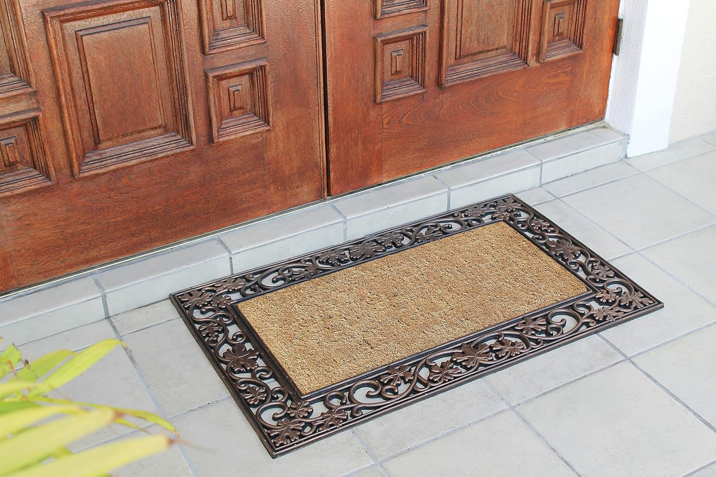A1HC Natural Coir and Rubber Black Floral Border 18"x30" Long Lasting Front Door Entry Doormat