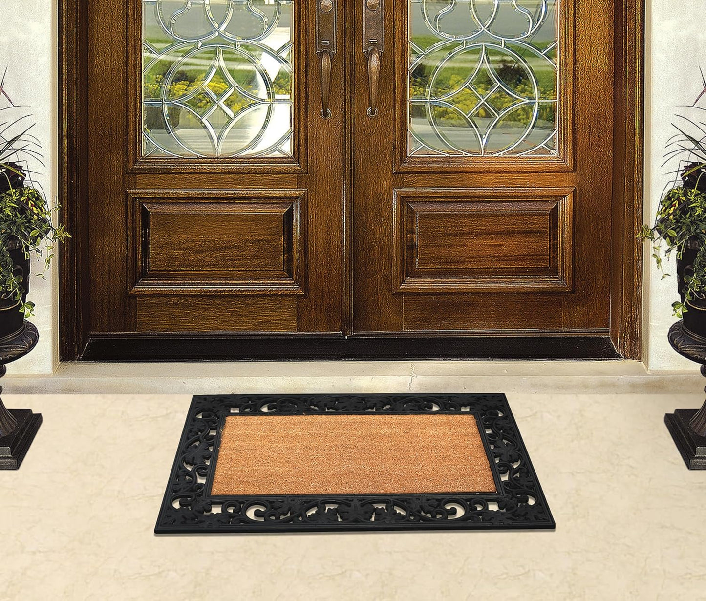 A1HC Natural Coir and Rubber Black Floral Border 18"x30" Long Lasting Front Door Entry Doormat
