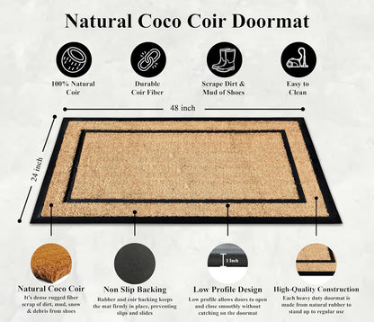 A1HC Coir and Rubber Door Mat 24"x48", Durable Non-Slip Large Plain Border Mat for Entryway, Patio