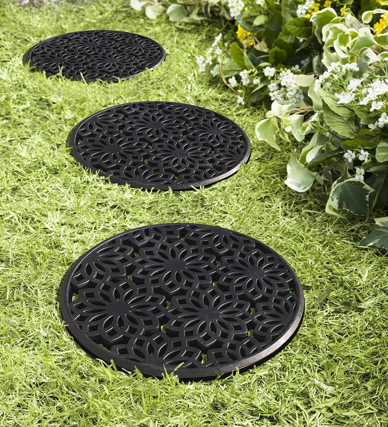A1HC Rubber Multi Functional Garden Stepping Stone Paisley Round Black Mat , 14"X14" Set of 3