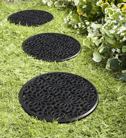 A1HC Rubber Multi Functional Garden Stepping Stone Paisley Round Black Mat , 14"X14" Set of 3