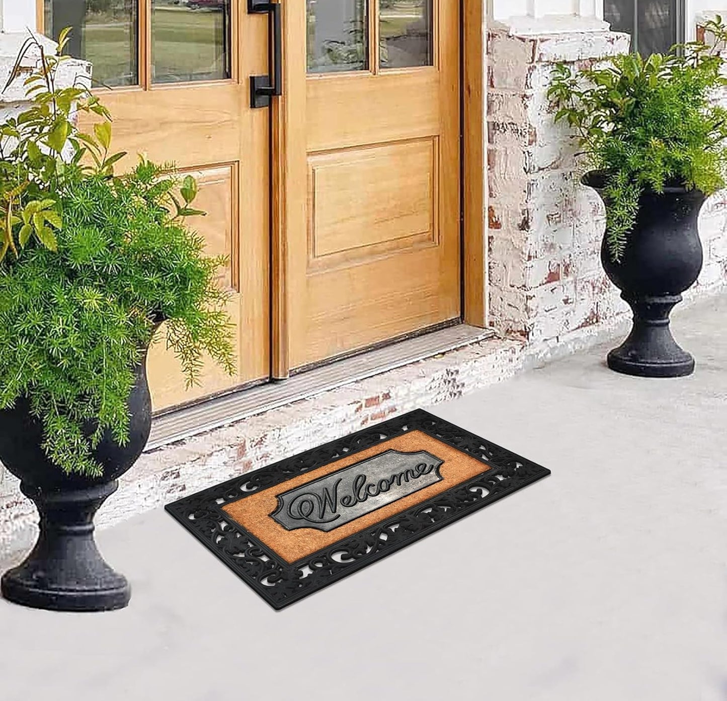 A1HC Natural Coir and Rubber Black Floral Border 18"x30" Welcome Doormat