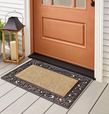 A1HC Natural Coir and Rubber Black Floral Border 18"x30" Long Lasting Front Door Entry Doormat