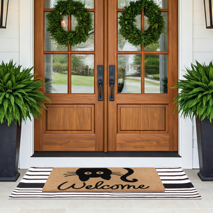 A1HC 100% Coir Welcome Mat with Black and White Striped Rug Combo Sets