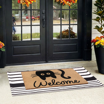 A1HC 100% Coir Welcome Mat with Black and White Striped Rug Combo Sets