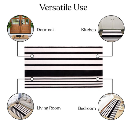 A1HC 100% Coir Welcome Mat with Black and White Striped Rug Combo Sets