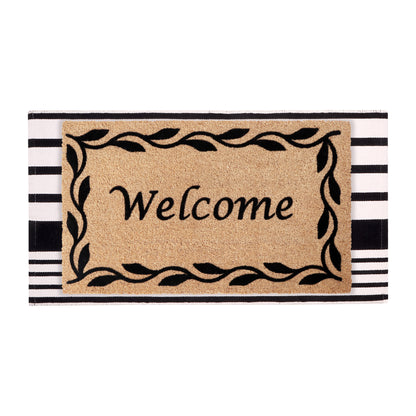 A1HC 100% Coir Welcome Mat with Black and White Striped Rug Combo Sets