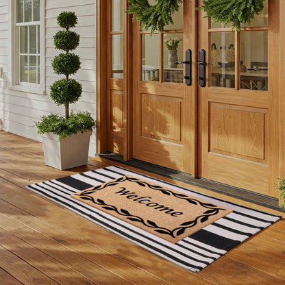 A1HC 100% Coir Welcome Mat with Black and White Striped Rug Combo Sets