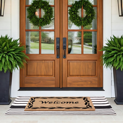 A1HC 100% Coir Welcome Mat with Black and White Striped Rug Combo Sets