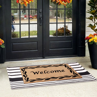 A1HC 100% Coir Welcome Mat with Black and White Striped Rug Combo Sets