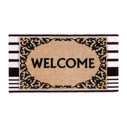A1HC 100% Coir Welcome Mat with Black and White Striped Rug Combo Sets