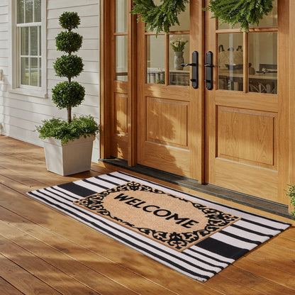 A1HC 100% Coir Welcome Mat with Black and White Striped Rug Combo Sets