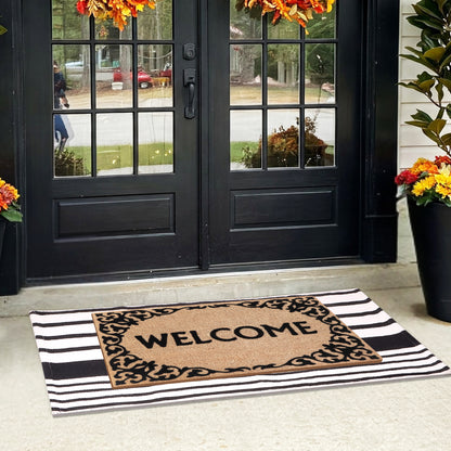 A1HC 100% Coir Welcome Mat with Black and White Striped Rug Combo Sets