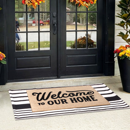 A1HC 100% Coir Welcome Mat with Black and White Striped Rug Combo Sets