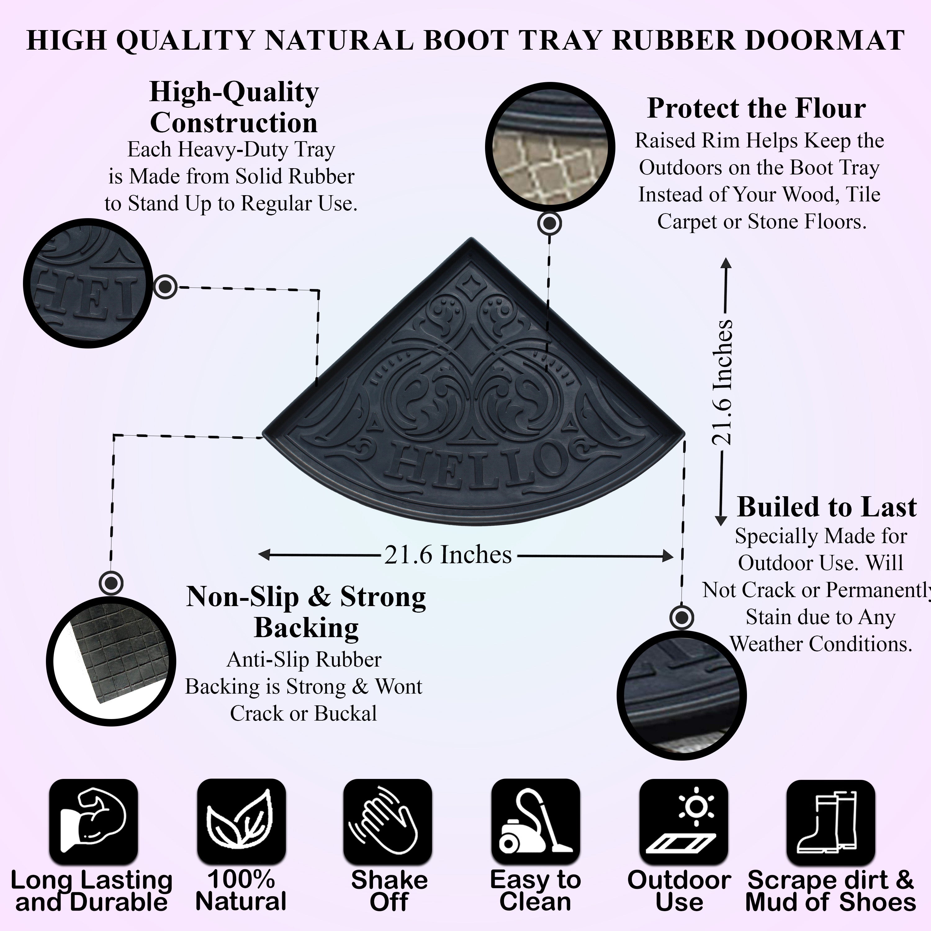 Black rubber boot mat tray with decorative scroll design