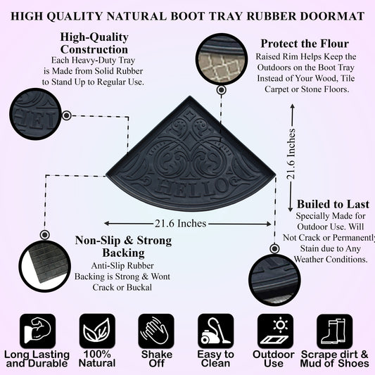 Black rubber boot mat tray with decorative scroll design