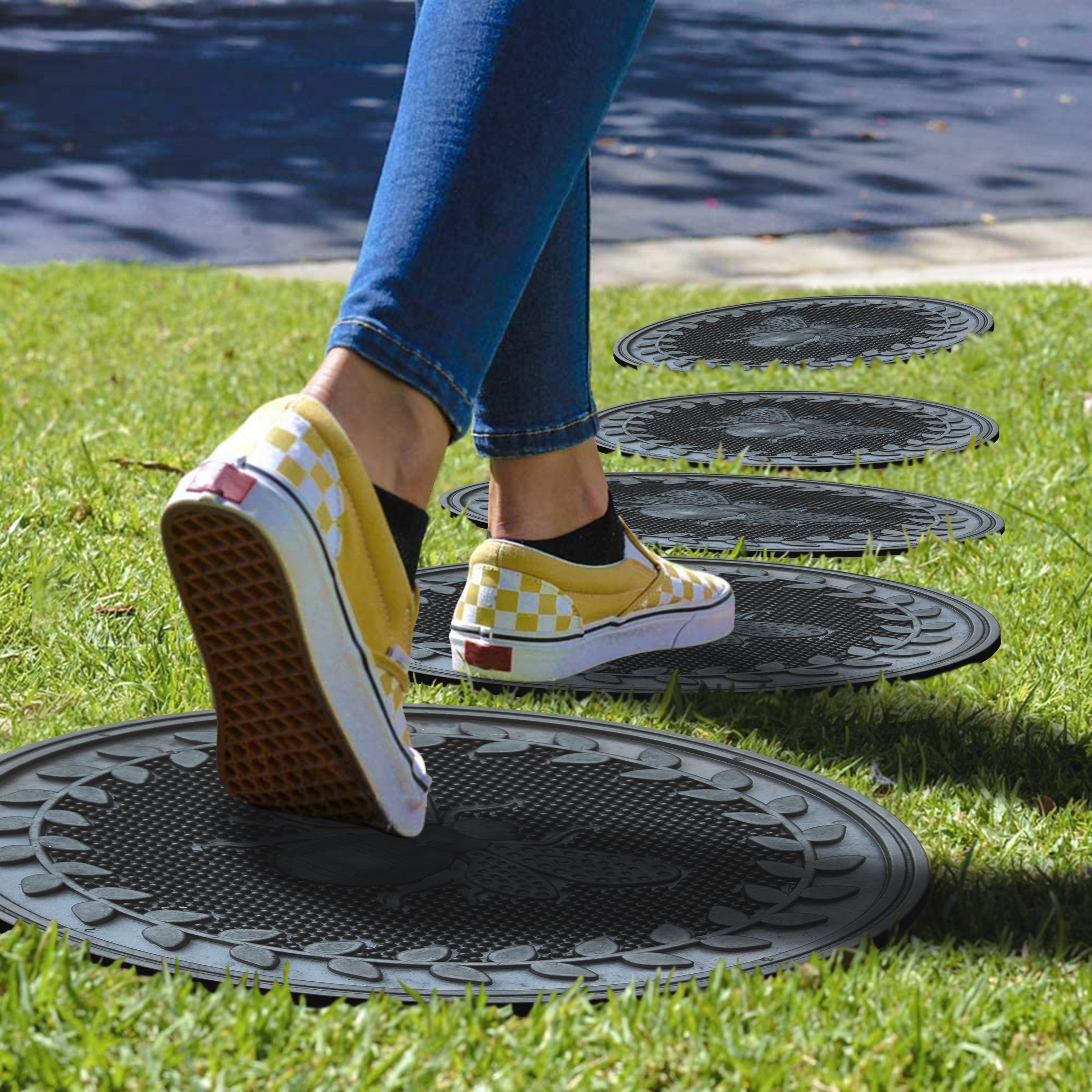 decorative stepping stones bee motif outdoor walkway