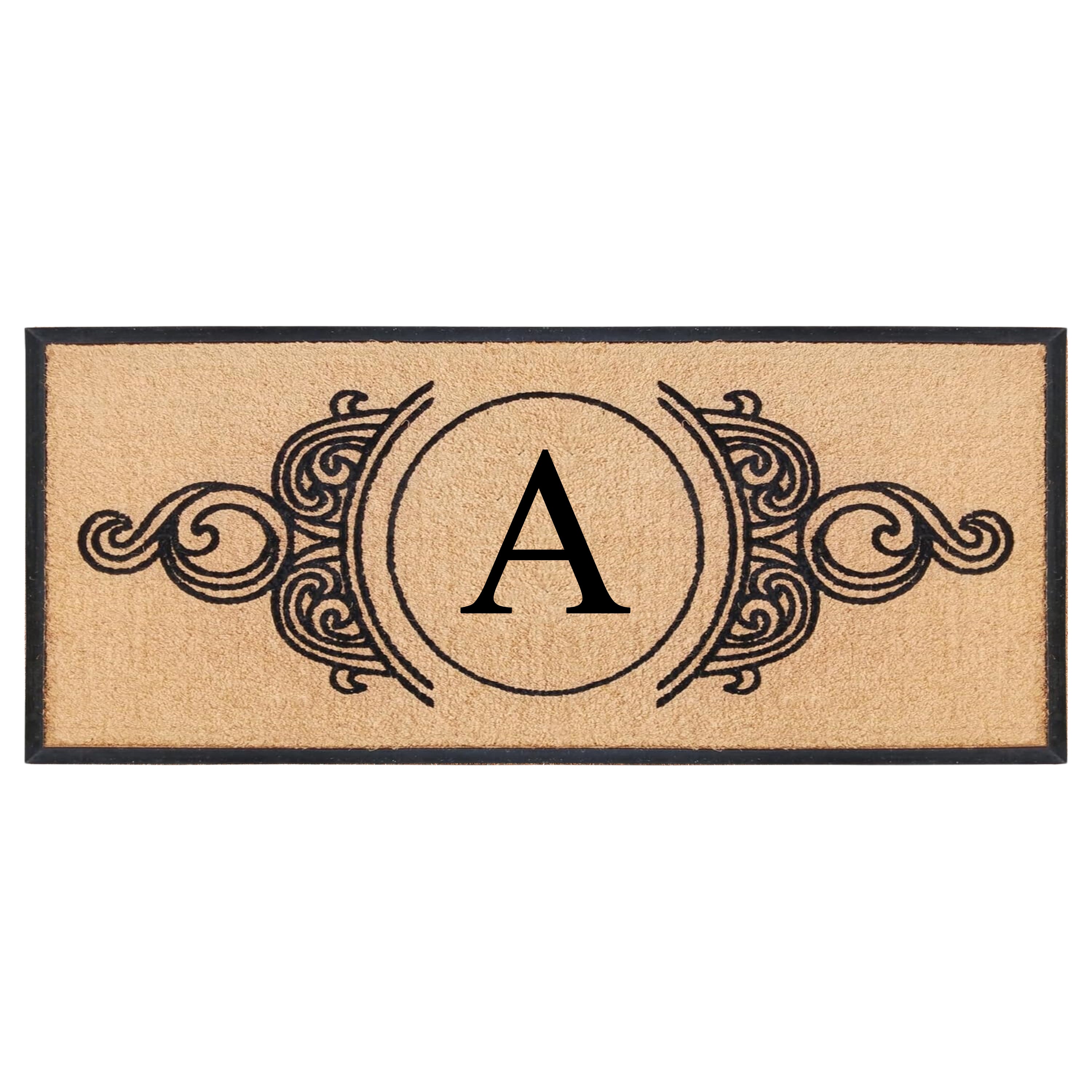 Personalized monogram coir doormat with decorative scroll pattern