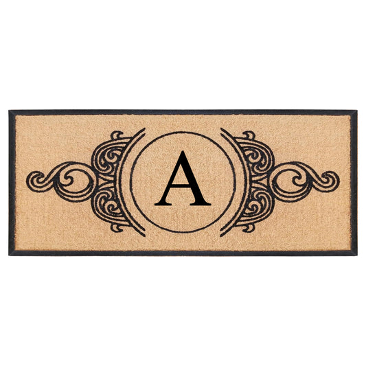 Personalized monogram coir doormat with decorative scroll pattern