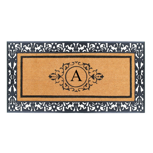 Personalized monogram coir doormat with decorative rubber border