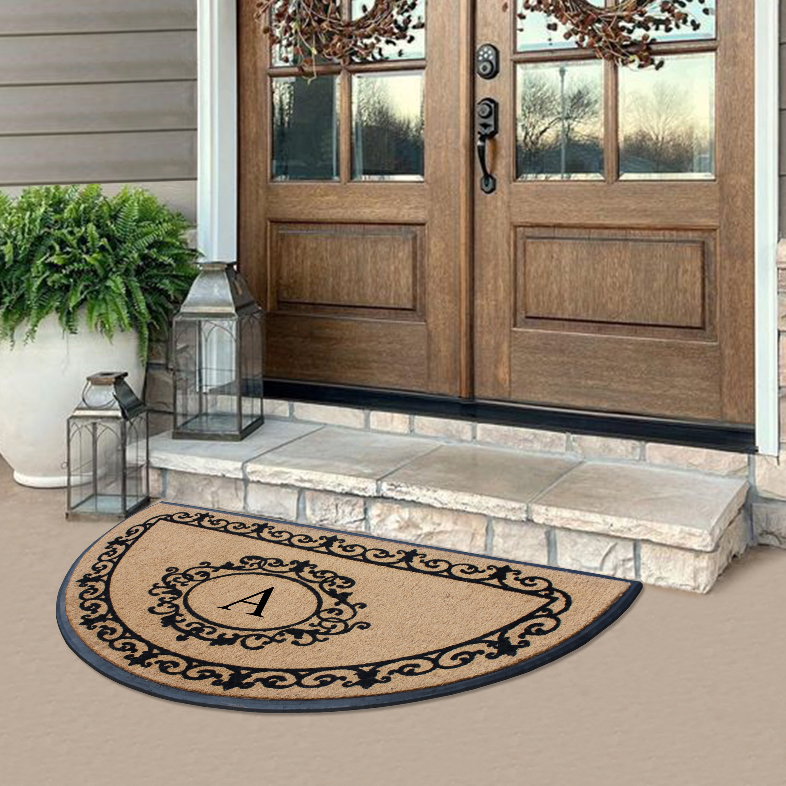 A1HC Personalized Half Moon Rubber Coir Door Mat 36 x 72 – Monogram Front Door Mat with Decorative Border Outdoor Entryway Mat