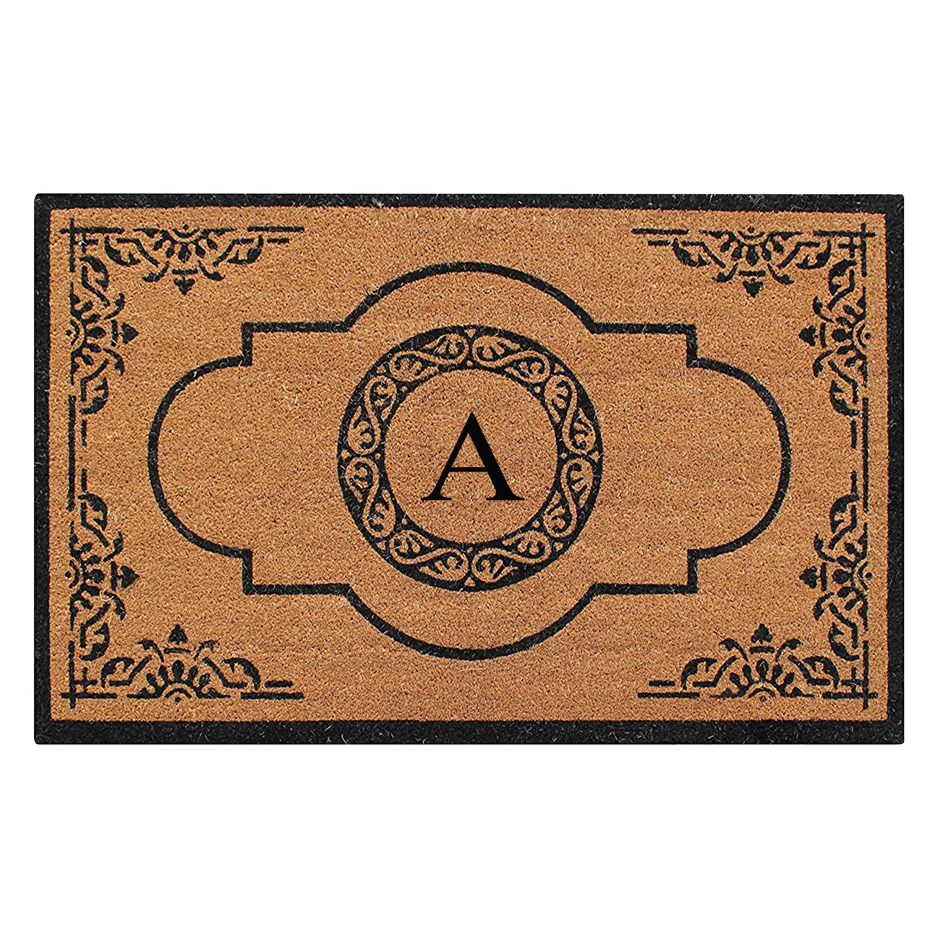 custom coir door mat with circular monogram and border pattern