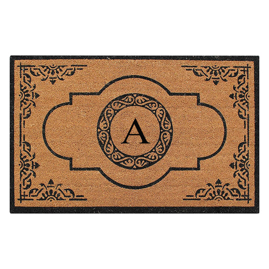 custom coir door mat with circular monogram and border pattern