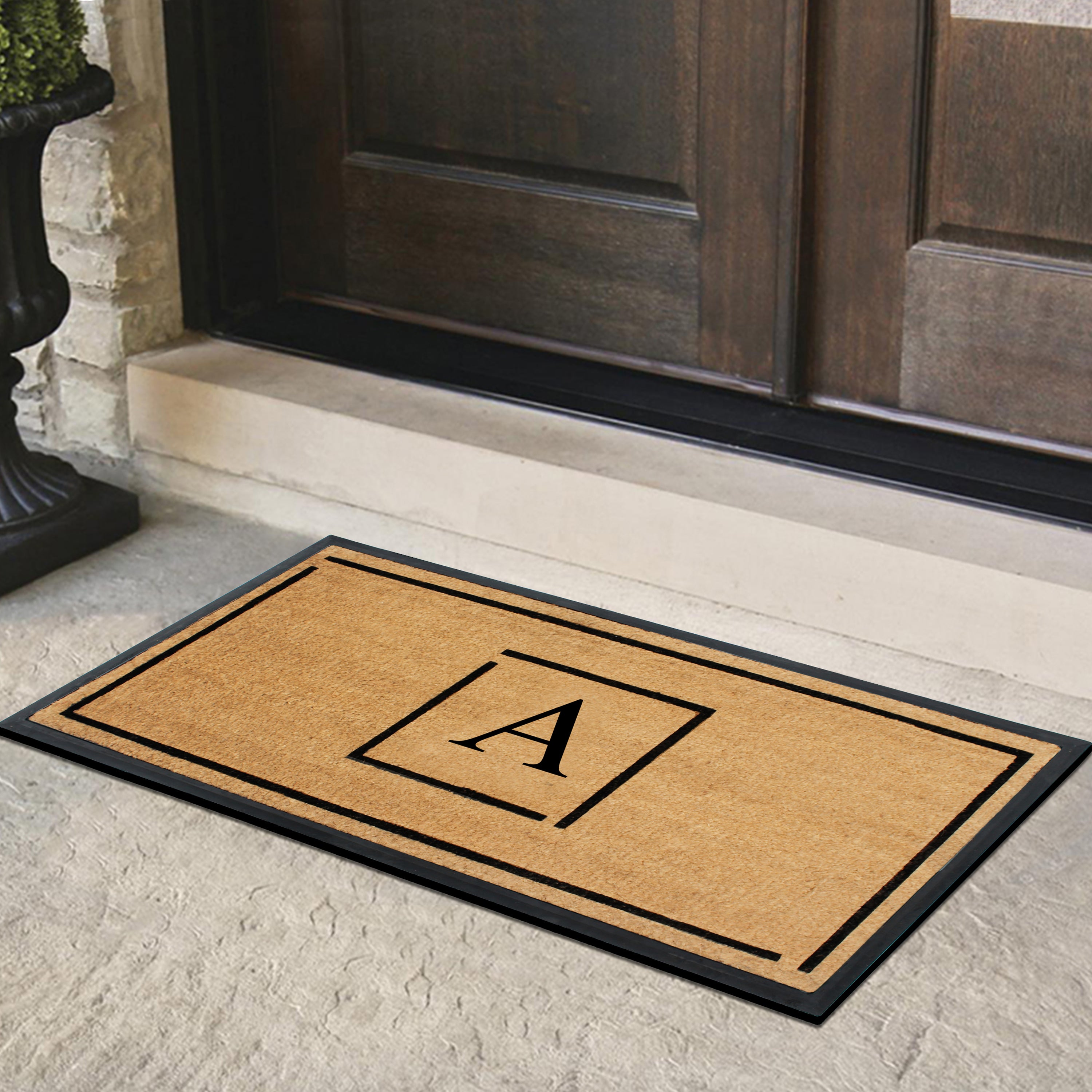 A1HC Personalized Monogram Coir Doormat 24" x 48" – Modern Square Border Coco Fiber Outdoor Front Door Mat