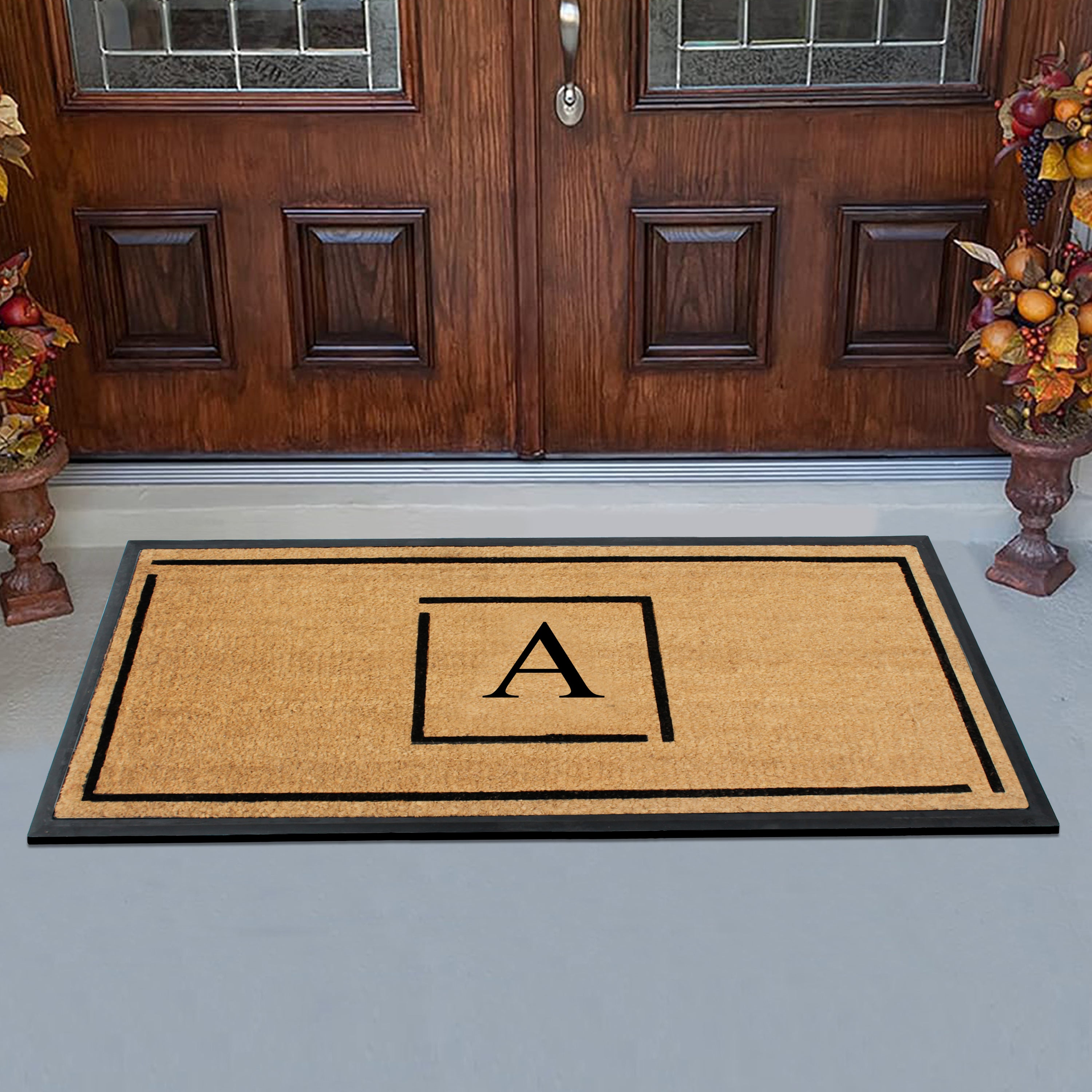 A1HC Personalized Monogram Coir Doormat 24" x 48" – Modern Square Border Coco Fiber Outdoor Front Door Mat