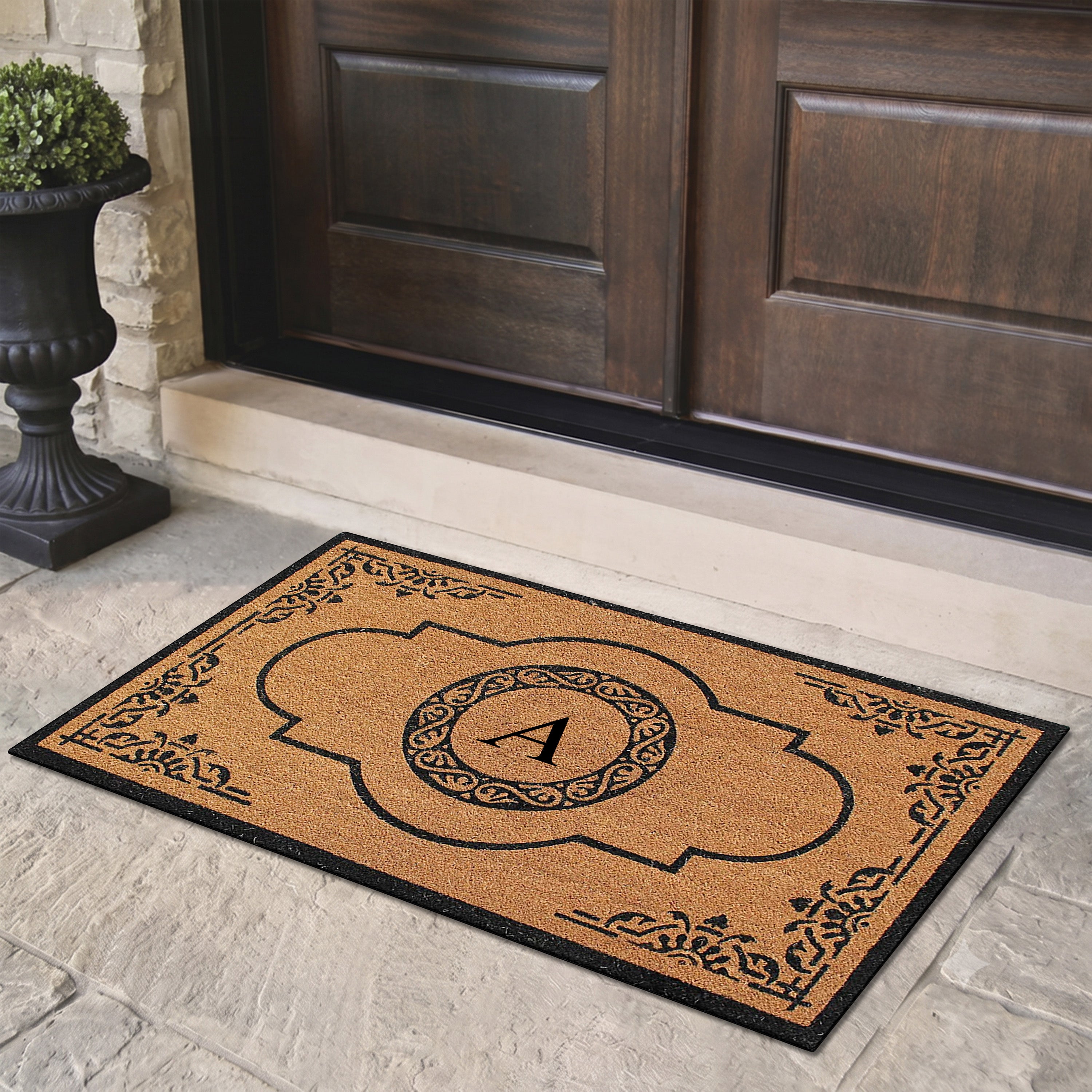 personalized monogram coir doormat with decorative frame design