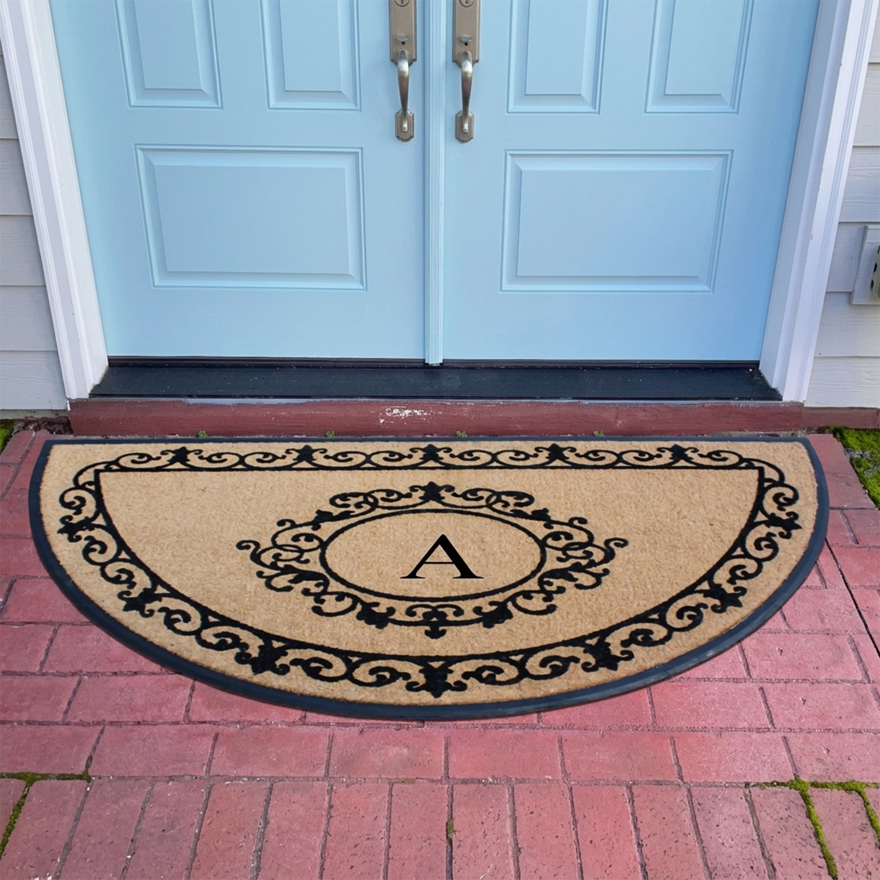 A1HC Personalized Half Moon Rubber Coir Door Mat 36 x 72 – Monogram Front Door Mat with Decorative Border Outdoor Entryway Mat