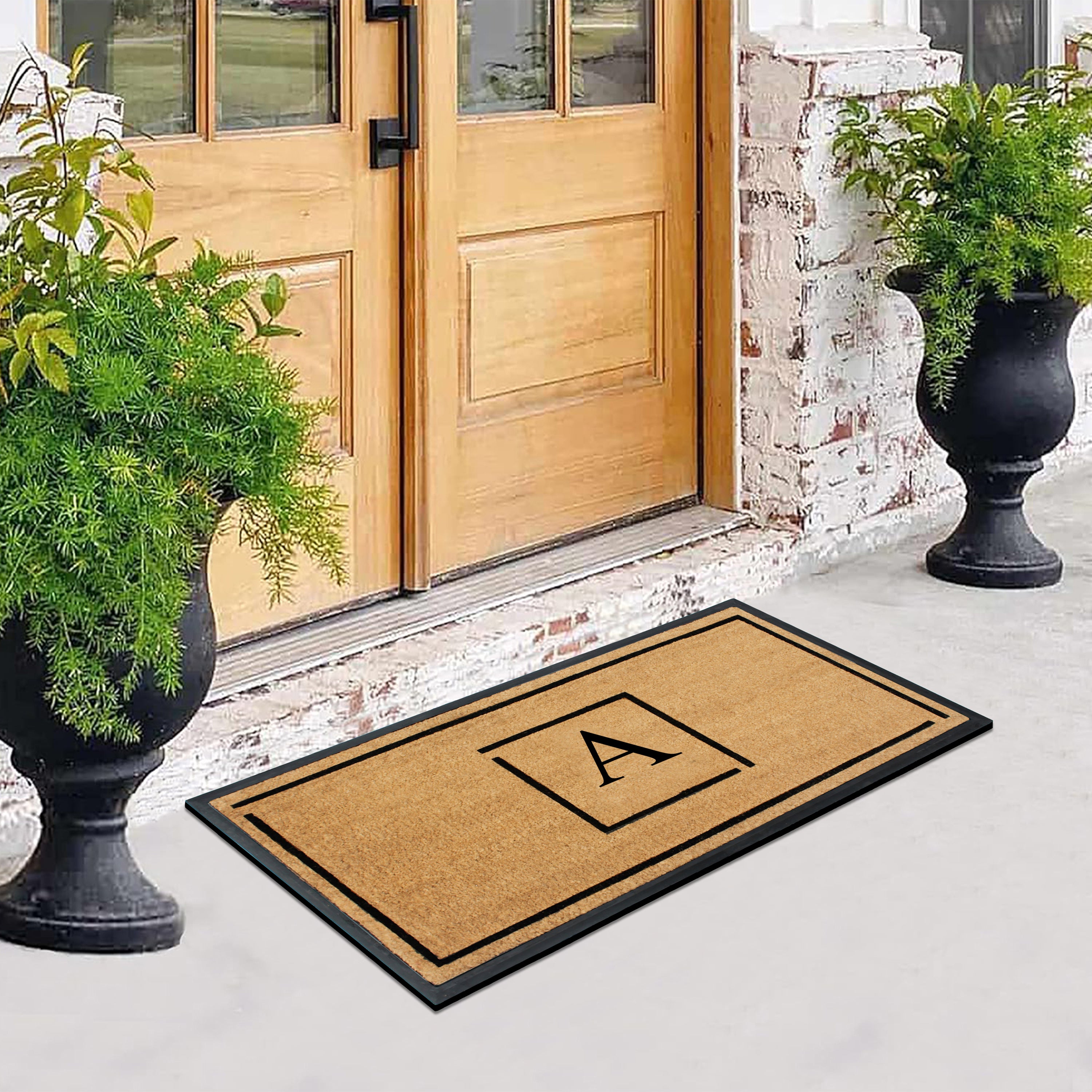 A1HC Personalized Monogram Coir Doormat 24" x 48" – Modern Square Border Coco Fiber Outdoor Front Door Mat