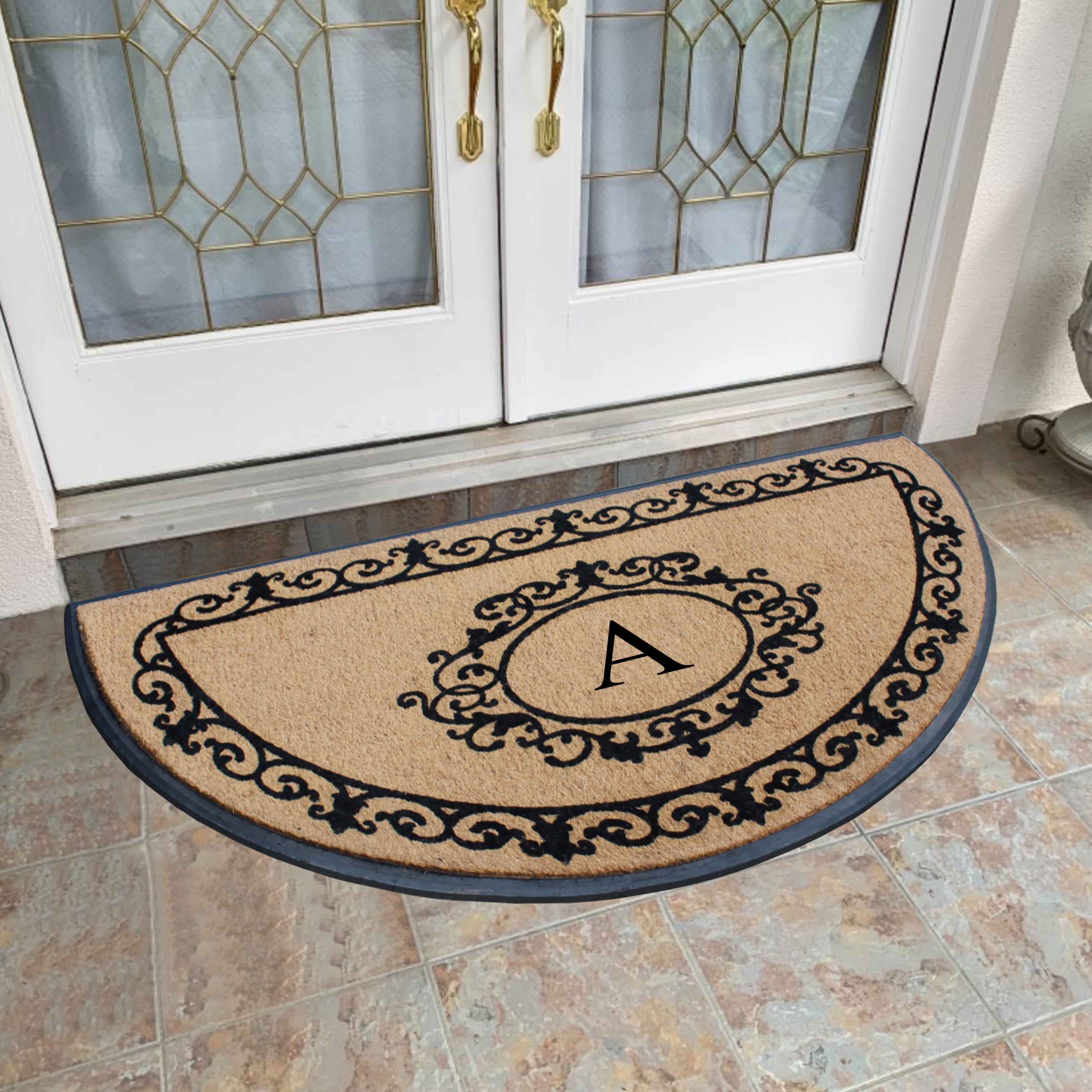 A1HC Personalized Half Moon Rubber Coir Door Mat 36 x 72 – Monogram Front Door Mat with Decorative Border Outdoor Entryway Mat