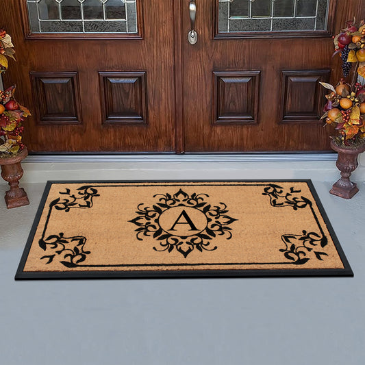 personalized outdoor coir entry mat with ornamental design