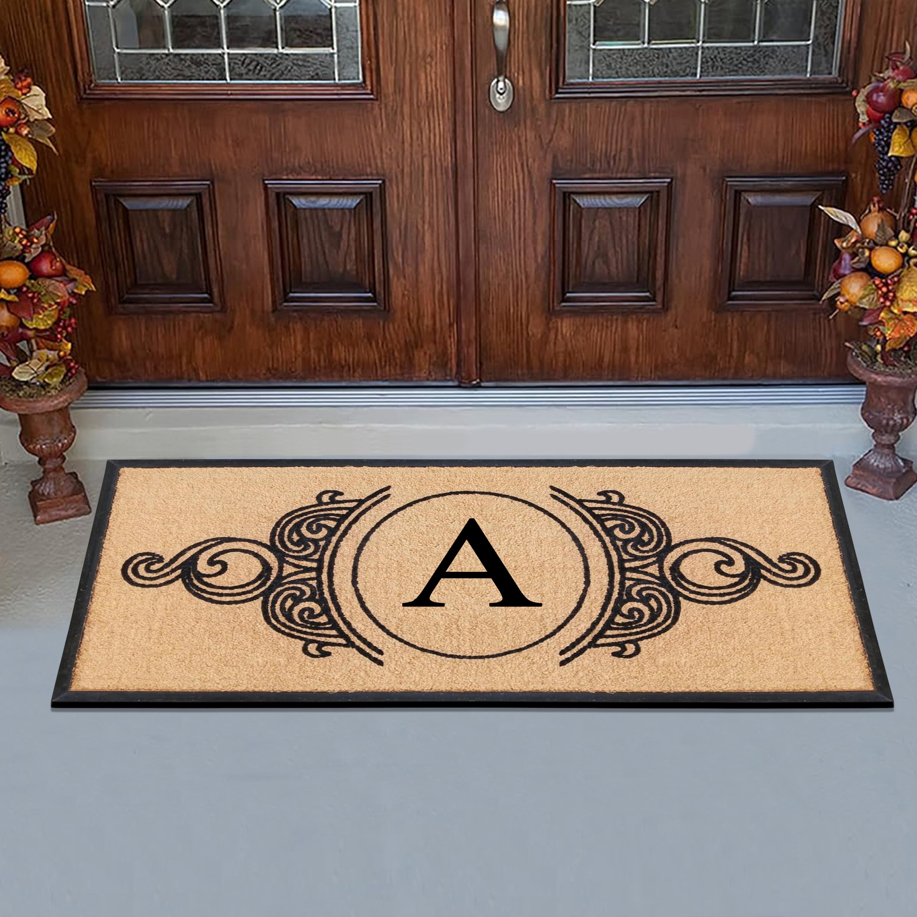 Personalized welcome mat with natural coir and rubber border