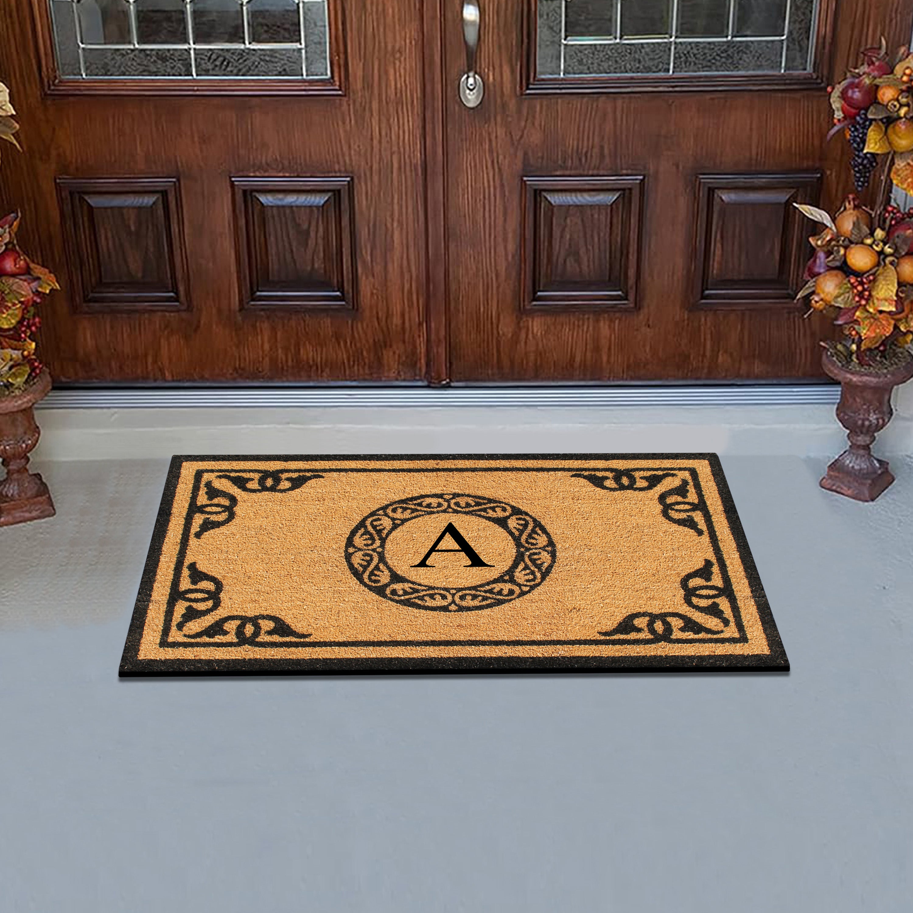 A1HC Personalized Monogram Coir Door Mat – Front Door Mat with Decorative Border, PVC Backing Outdoor Entryway Doormat