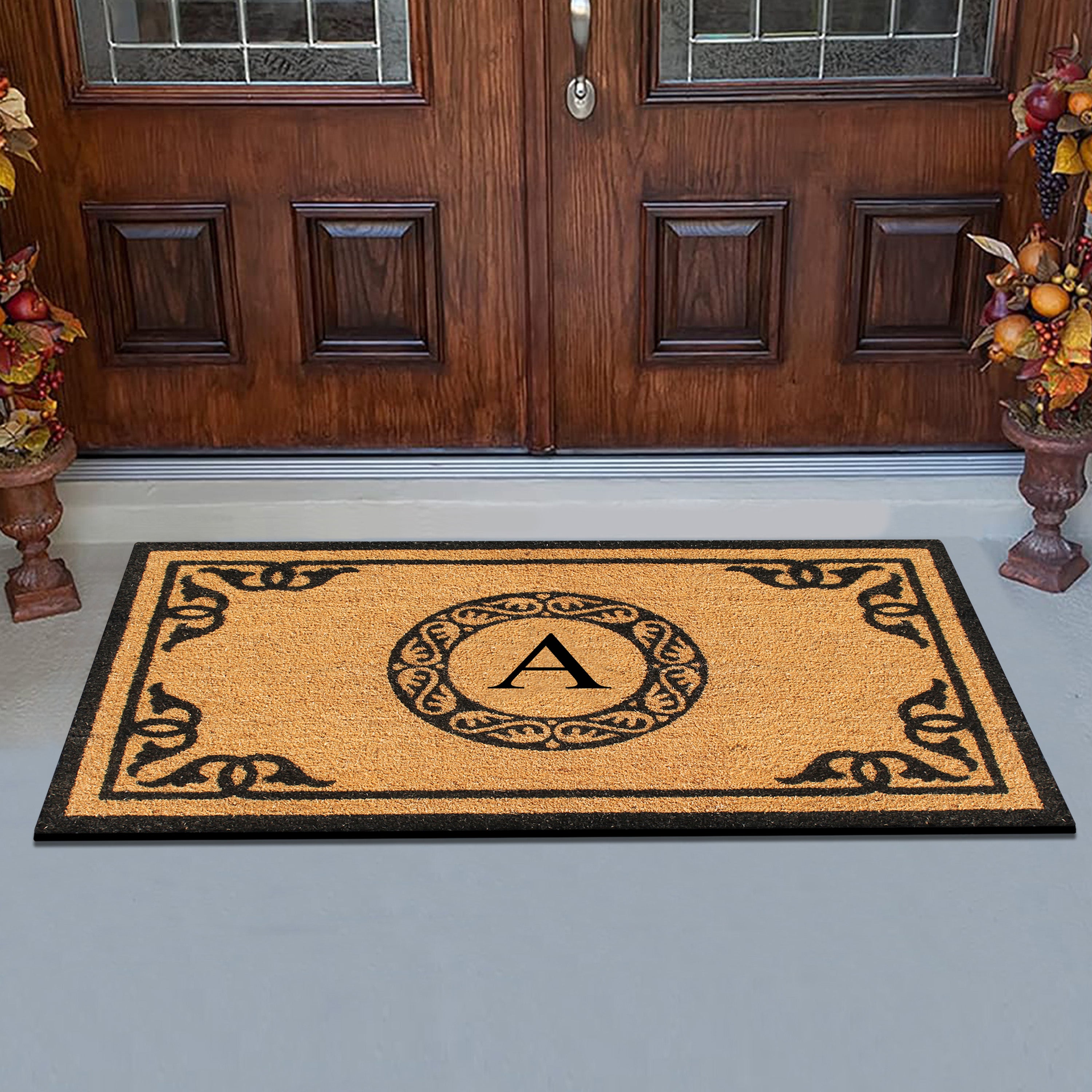 A1HC Personalized Monogram Coir Door Mat – Front Door Mat with Decorative Border, PVC Backing Outdoor Entryway Doormat