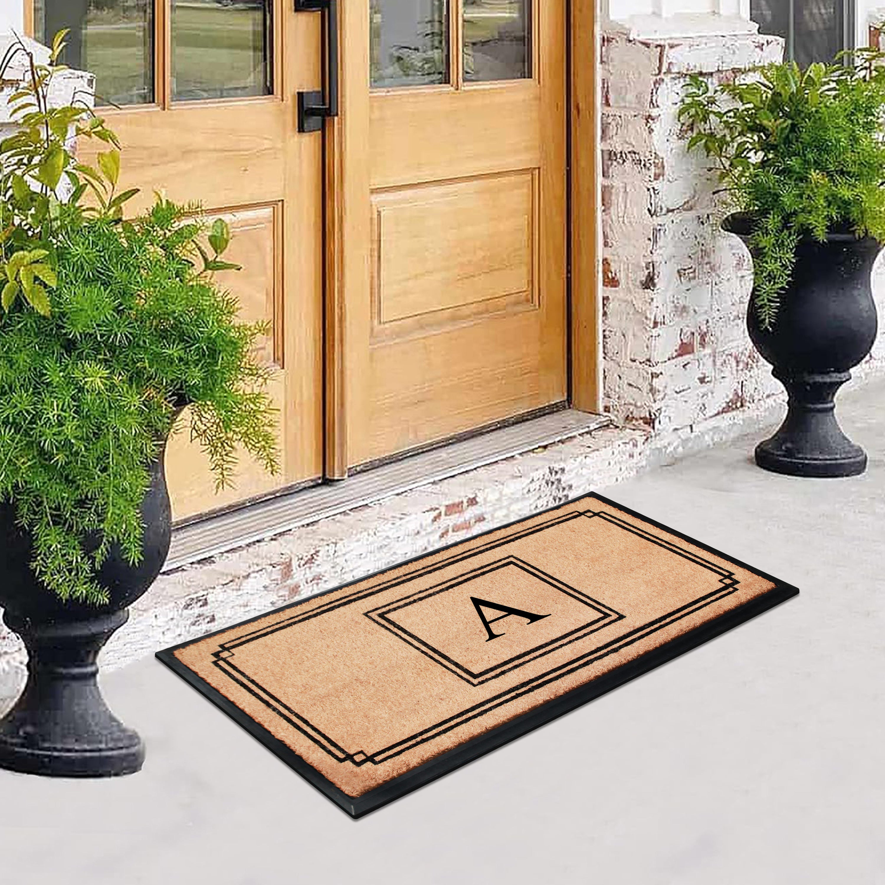 A1HC Personalized Monogram Coir Doormat 24" x 48" – Geometric Border Coco Fiber Outdoor Front Door Mat