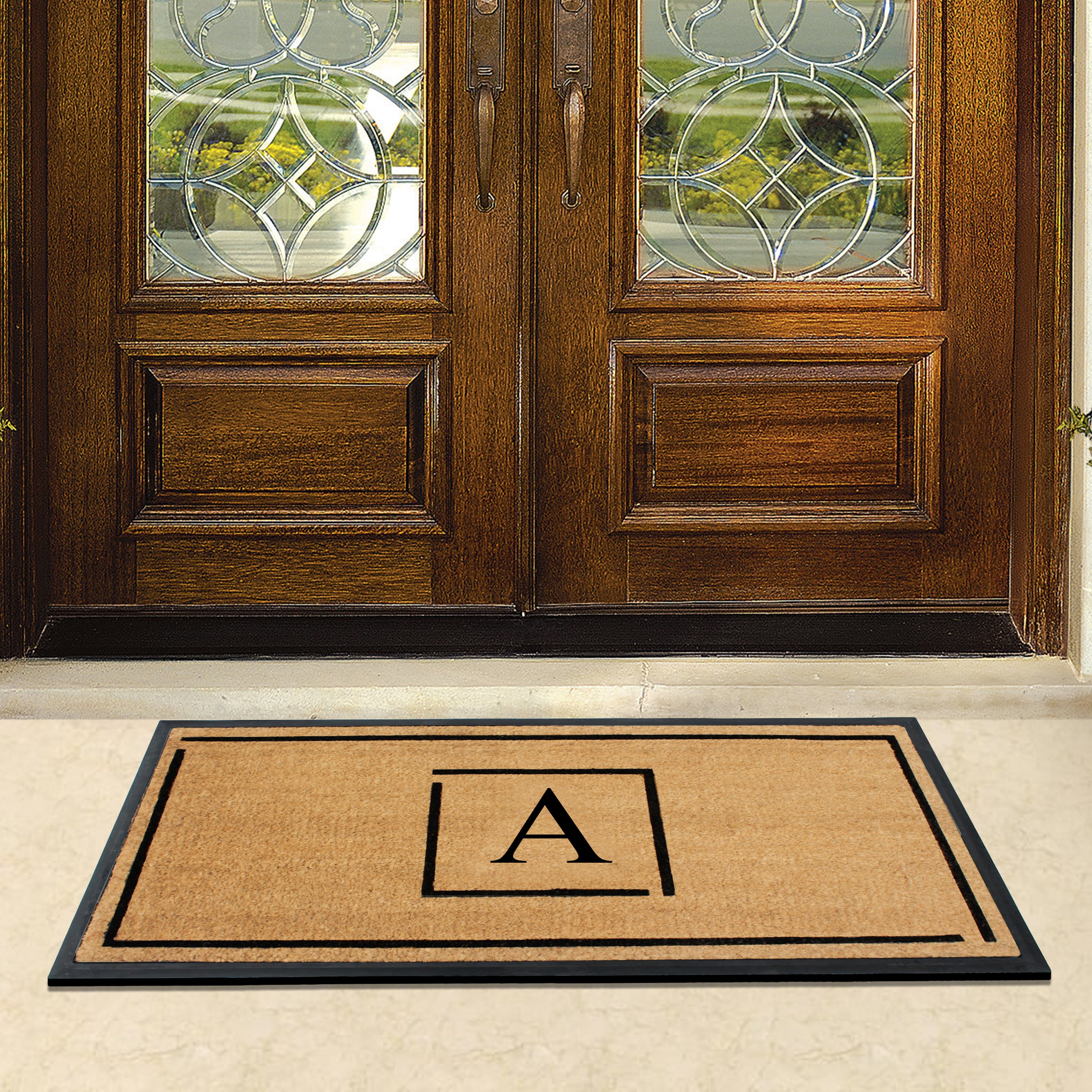 A1HC Personalized Monogram Coir Doormat 24" x 48" – Modern Square Border Coco Fiber Outdoor Front Door Mat