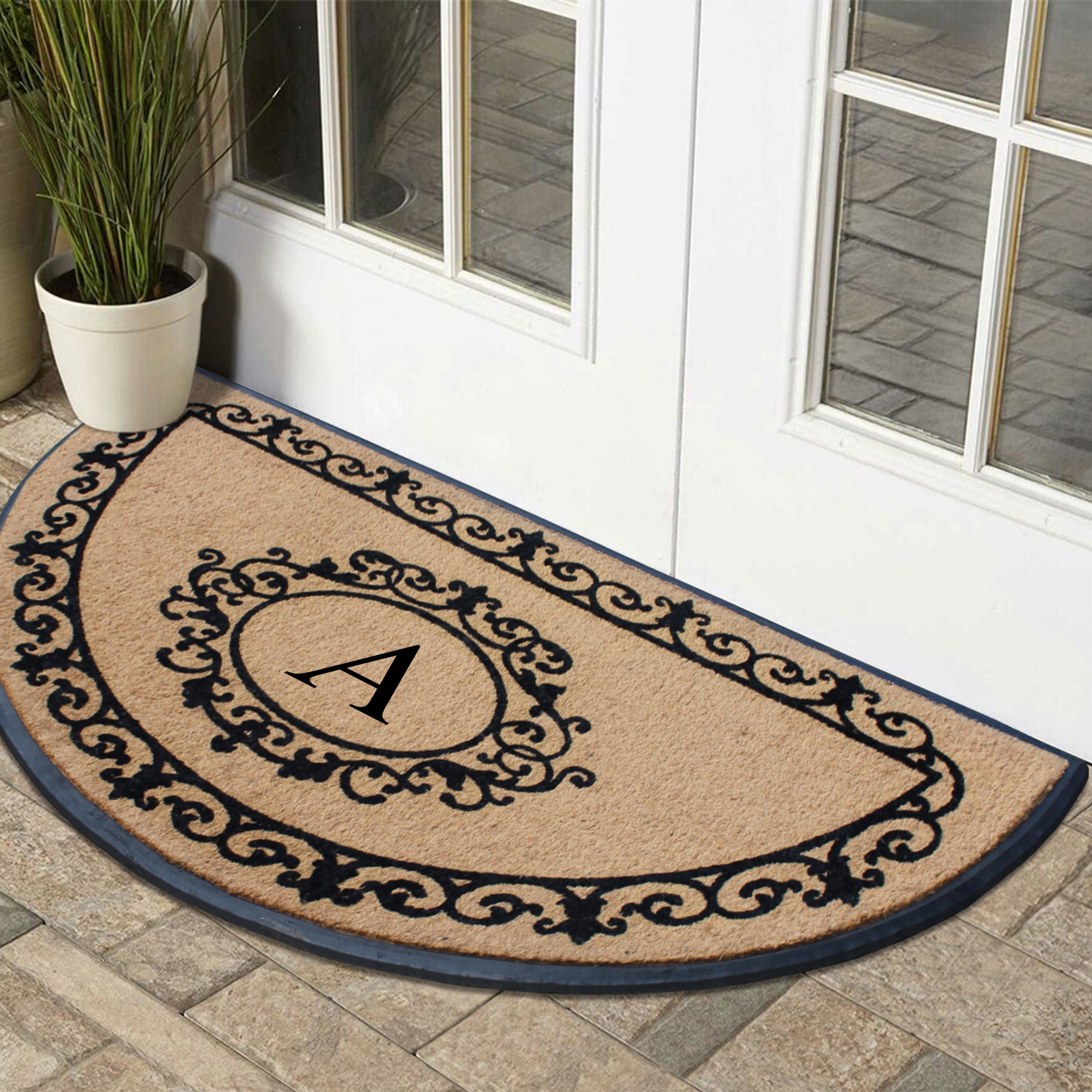 A1HC Personalized Half Moon Rubber Coir Door Mat 36 x 72 – Monogram Front Door Mat with Decorative Border Outdoor Entryway Mat