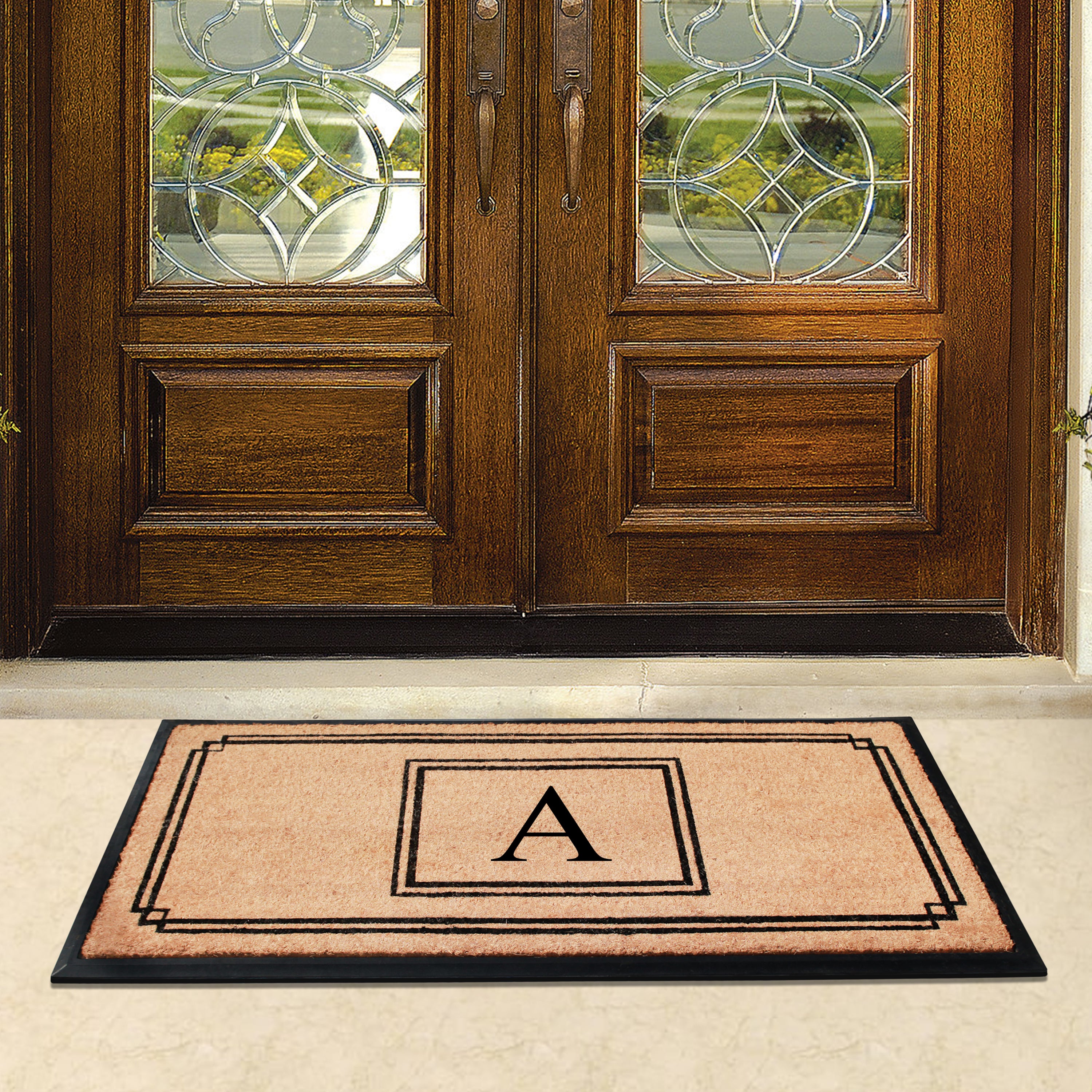 A1HC Personalized Monogram Coir Doormat 24" x 48" – Geometric Border Coco Fiber Outdoor Front Door Mat