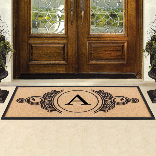Monogrammed outdoor doormat with non-slip rubber backing