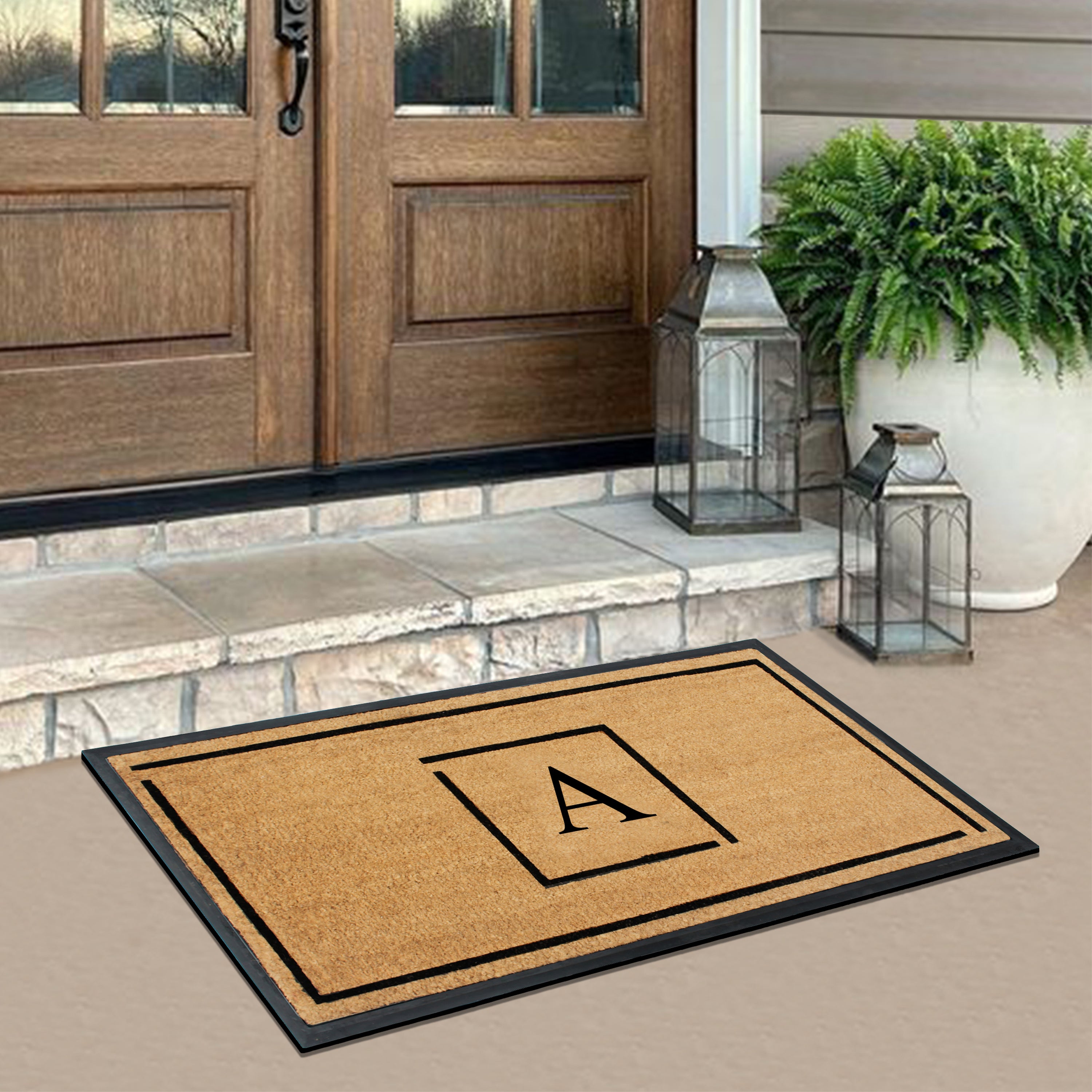 A1HC Personalized Monogram Coir Doormat 24" x 48" – Modern Square Border Coco Fiber Outdoor Front Door Mat